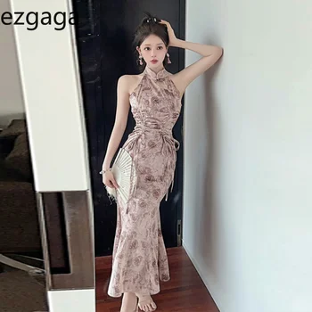 Ezgaga Винтажное элегантное женское платье с цветочным принтом, без рукавов, со стоячим воротником, платья-русалки, Бандажный темперамент