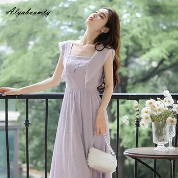Летнее женское фиолетовое романтическое сказочное длинное платье с квадратным воротником и открытой спиной, платье с цветочной вышивкой и оборками, сказочное женское платье