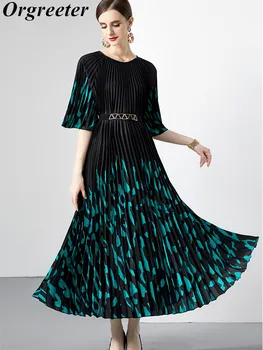 Модный дизайн, Плиссированные Летние платья для женщин 2023, Новое поступление, Леопардовый принт, Короткий рукав, Свободные Повседневные Праздничные платья