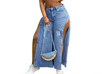 Женские джинсы Летние синие, новые модные повседневные рваные джинсы в стиле ретро, джинсы с разрезом, женские джинсы