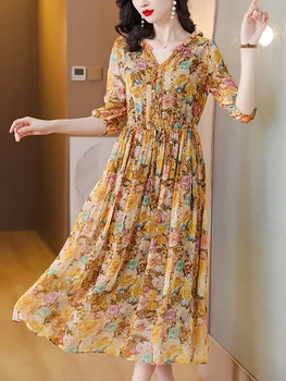 Летнее шикарное длинное платье с V-образным вырезом и оборками из цветочного шелка, Женское Роскошное вечернее платье в стиле бохо 2023, Корейское элегантное повседневное вечернее платье