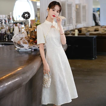 Китайский Стиль Улучшенных Свадебных Платьев Миди Cheongsam для Женщин, Кружевное Вышитое Бисером Вечернее Платье Подружки Невесты, Vestidos De Mujer