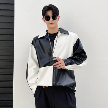 2022, Черно-белая лоскутная рубашка из искусственной кожи с длинным рукавом, Мужское модное пальто Harajuku, Элегантные рубашки в корейском стиле