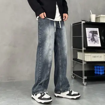 Модные мужские 2023 Демисезонные Джинсовые Широкие брюки С завязками, Прямые Свободные Джинсы, Мужские Повседневные Студенческие брюки F159