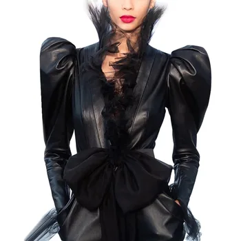 Женские куртки из искусственной кожи с сеткой в стиле пэчворк, V-образный вырез, пышный длинный рукав, высокая талия, тонкое пальто с бантом, мода
