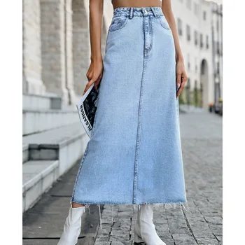 Длинные джинсовые юбки для женщин, макси-пакет, высокая талия, потертый необработанный подол, джинсовая юбка-клеш трапециевидной формы с карманами