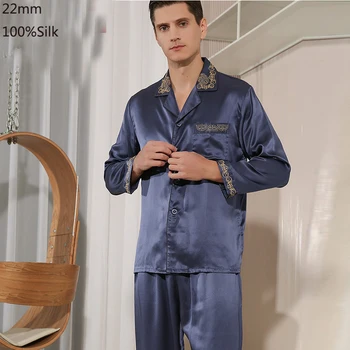 Утолщенные 22 мм Пижамы из 100% шелка, мужской костюм, Пижамы, Осень-Зима-Весна, Рубашка с длинным рукавом, мужские Пижамы из 100% шелка