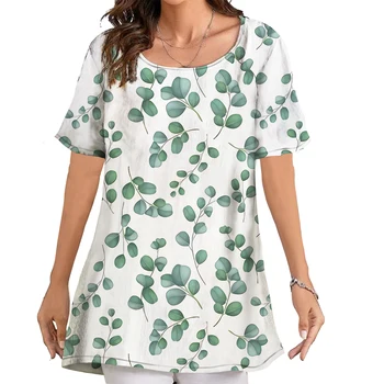 Женская футболка CLOOCL, блузка оверсайз с рисунком зеленых листьев, 3D-принтом, Свободные повседневные рубашки с круглым вырезом и коротким рукавом, Летние топы