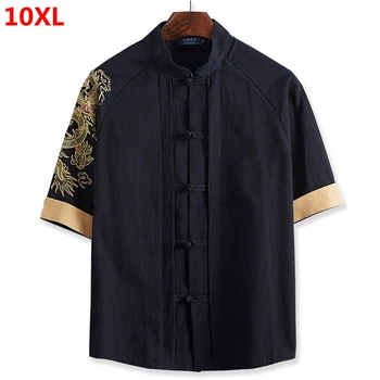 Китайский стиль плюс размер мужской очень большой код tide big man для похудения 9XL льняная рубашка с коротким рукавом кардиган с вышивкой 9XL 10XL