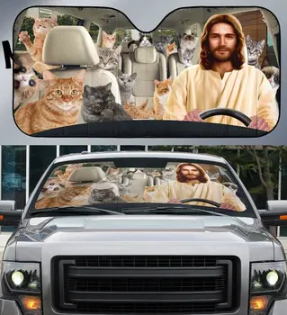 Солнцезащитный козырек на лобовое стекло автомобиля с Иисусом И котом, Забавное животное, Персонализированный Складной Солнцезащитный козырек, Солнцезащитный козырек для автомобиля SUV