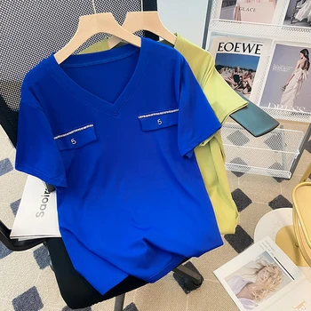 Летняя футболка с коротким рукавом, женские топы, Синяя футболка, хлопковая футболка в корейском стиле, женская одежда, футболка с бриллиантами, женская футболка 2023