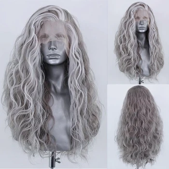 AIMEYA Свободный вьющийся синтетический парик на кружеве Спереди, Серебристый парик с белыми бликами, женский парик для ежедневного использования, парик для косплея на Хэллоуин.