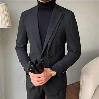 Однотонный черный блейзер из полиэстера с зубчатым воротником, изготовленный своими руками, модный мужской банкетный темперамент, персонализированный пиджак