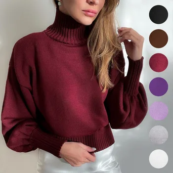 Белый свитер, топ с пышными рукавами, Осенне-зимняя одежда, фиолетовый джемпер с длинным рукавом, базовая уличная одежда, вязаный пуловер, топы с высоким воротом