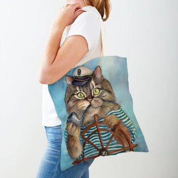 Забавный кот, акварельное рабочее животное, женские сумки для покупок, женские сумки для покупок, двусторонняя складная многоразовая холщовая сумка на плечо