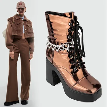 Яркие кожаные ботинки на платформе и шнуровке спереди, серебристые британские ботфорты на молнии сбоку, женские ботфорты на толстом каблуке большого размера